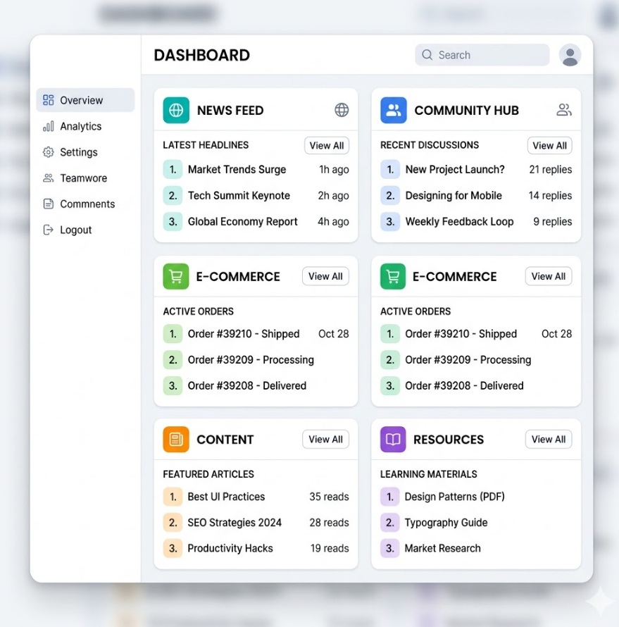 뉴스, 커뮤니티, 쇼핑 등 섹션별로 아이콘화되어 깔끔하게 정리된 웹 대시보드의 스크린샷 묘사