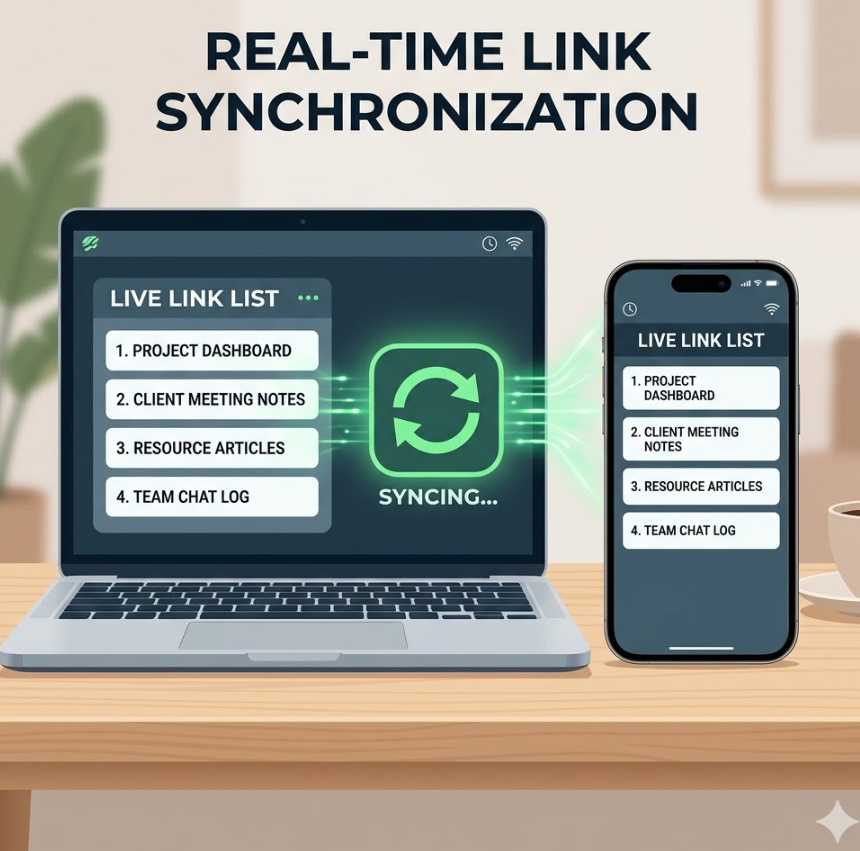 스마트폰과 노트북 화면이 나란히 배치되어 동일한 링크 리스트가 실시간으로 업데이트되는 모습을 보여주는 그래픽.