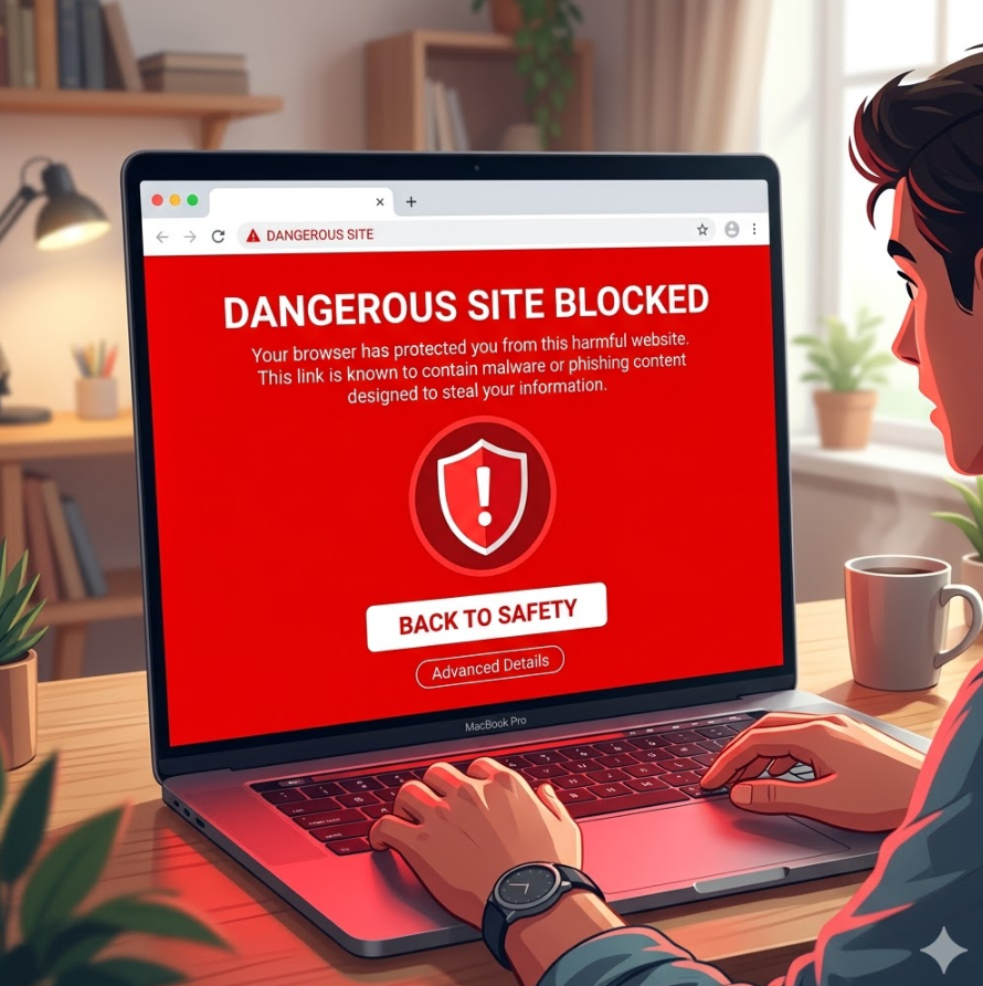 위험한 링크를 클릭했을 때 브라우저가 빨간색 화면으로 위험을 경고하며 차단하는 장면을 묘사한 일러스트.