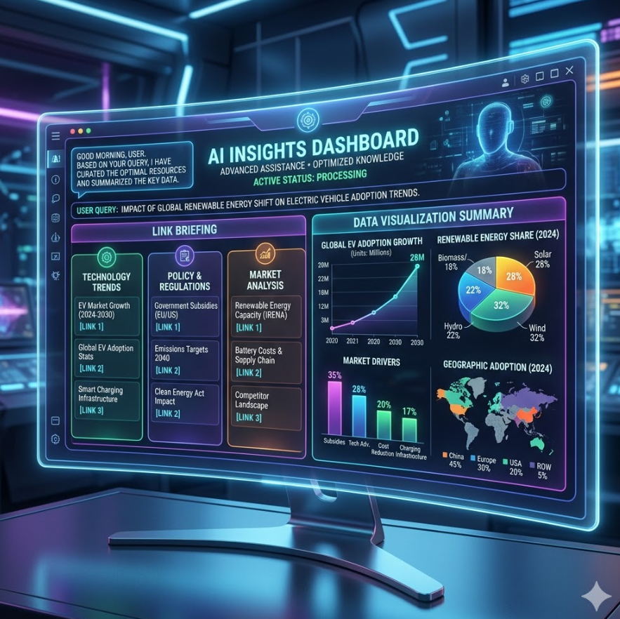 사용자의 질문에 AI가 최적의 링크들을 카테고리별로 브리핑해주고, 시각화된 데이터로 정보를 요약해 보여주는 미래지향적 인터페이스
