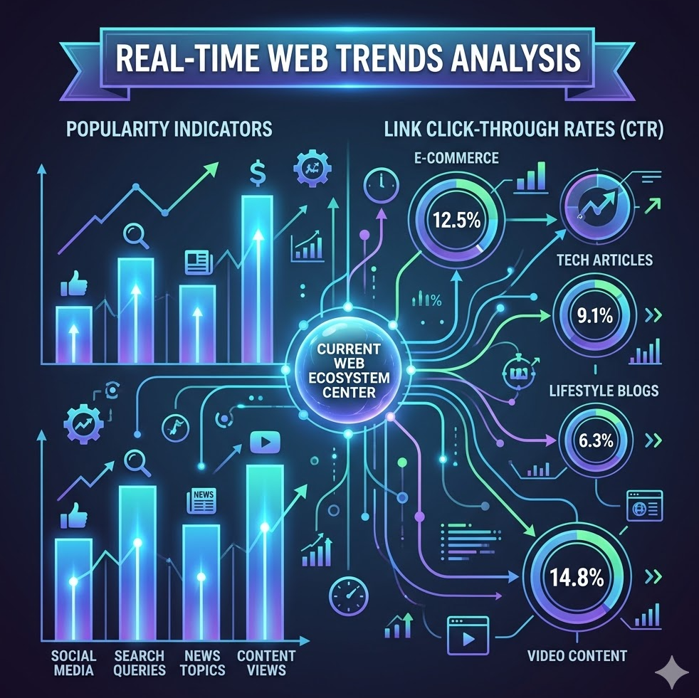 실시간 인기 지표와 링크 클릭률을 시각화하여 현재 웹 생태계의 중심을 한눈에 보여주는 데이터 시각화 그래픽.