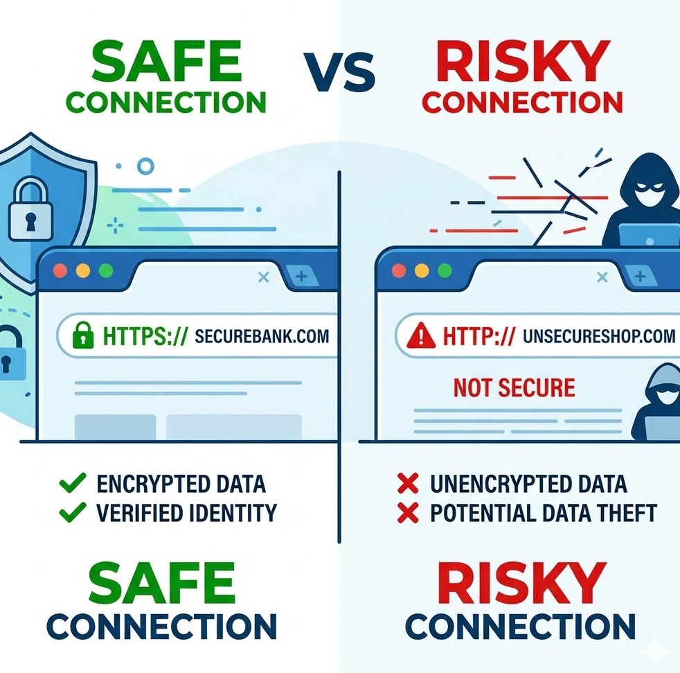 안전한 HTTPS 사이트와 위험한 일반 HTTP 사이트의 주소창 차이점을 직관적으로 비교하여 보여주는 그래픽 자료.