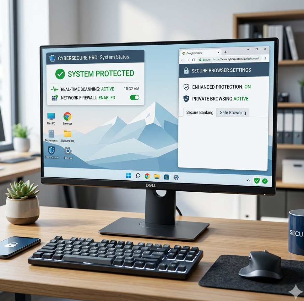 백신 프로그램이 실시간으로 시스템을 감시하고 있고, 안전한 브라우저 설정이 완료된 깔끔한 데스크탑 화면 환경.
