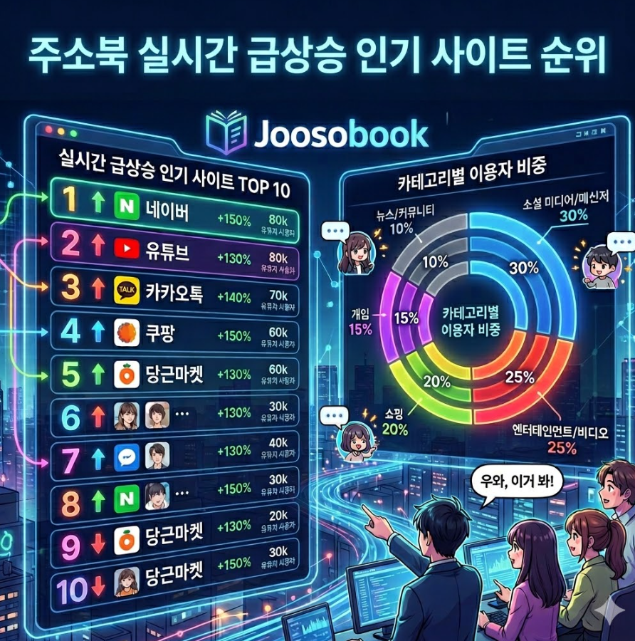 실시간 급상승 중인 인기 사이트 순위와 각 카테고리별 이용자 비중을 한눈에 보여주는 화려한 시각 자료.
