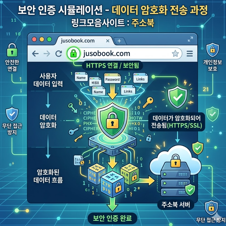 주소창의 자물쇠 아이콘과 함께 데이터가 암호화되어 전송되는 과정을 시각적으로 표현한 보안 인포그래픽 자료