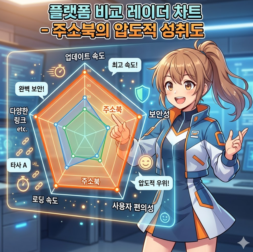 업데이트 속도, 보안성, 사용자 편의성, 로딩 속도 등 5가지 지표에서 주소북이 타사 대비 높은 성취도를 기록하고 있음을 보여주는 차트