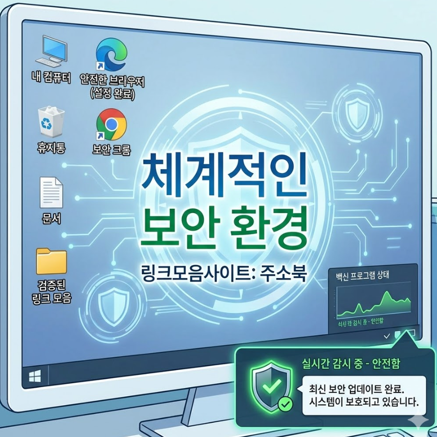 백신 프로그램이 실시간으로 시스템을 감시하고 있고, 안전한 브라우저 설정이 완료된 깔끔한 데스크탑 화면 환경