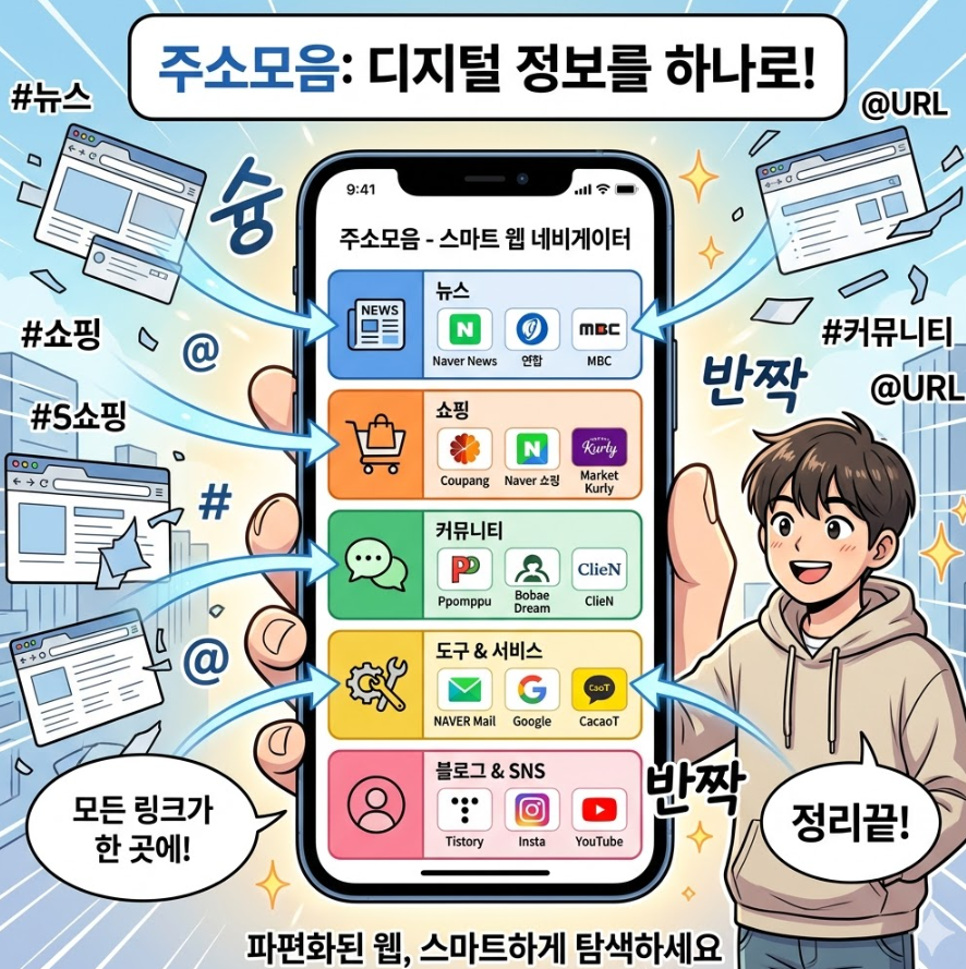 뉴스, 쇼핑, 커뮤니티 등 각 섹션이 세련된 아이콘과 함께 정렬된 주소모음의 메인 화면을 묘사한 깔끔한 UI 디자인 이미지 뉴스, 쇼핑, 커뮤니티 등 각 섹션이 세련된 아이콘과 함께 정렬된 주소모음의 메인 화면을 묘사한 깔끔한 UI 디자인 이미지