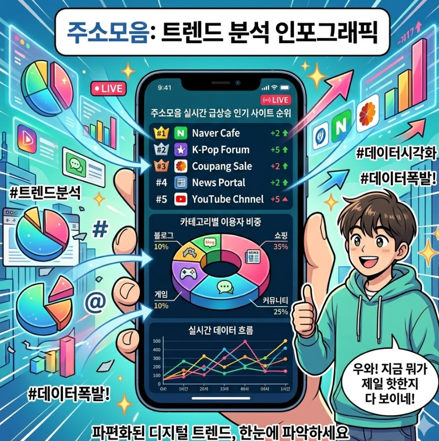실시간 급상승 중인 인기 사이트 순위와 각 카테고리별 이용자 비중을 한눈에 보여주는 화려한 데이터 시각화 자료 실시간 급상승 중인 인기 사이트 순위와 각 카테고리별 이용자 비중을 한눈에 보여주는 화려한 데이터 시각화 자료