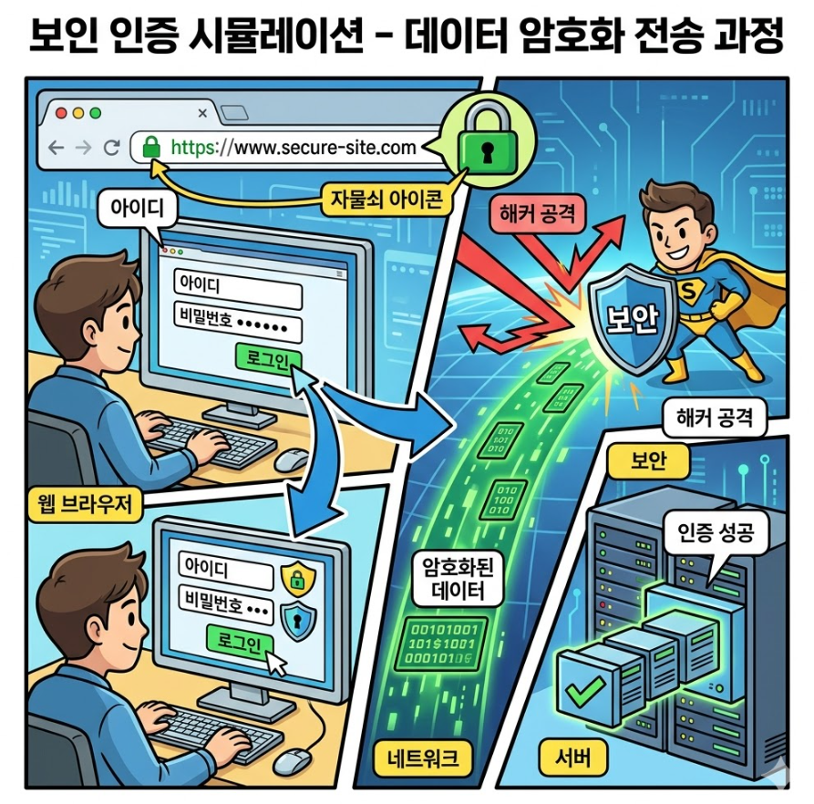 주소창의 자물쇠 아이콘과 함께 데이터가 암호화되어 전송되는 과정을 시각적으로 표현한 보안 인포그래픽 자료 주소창의 자물쇠 아이콘과 함께 데이터가 암호화되어 전송되는 과정을 시각적으로 표현한 보안 인포그래픽 자료