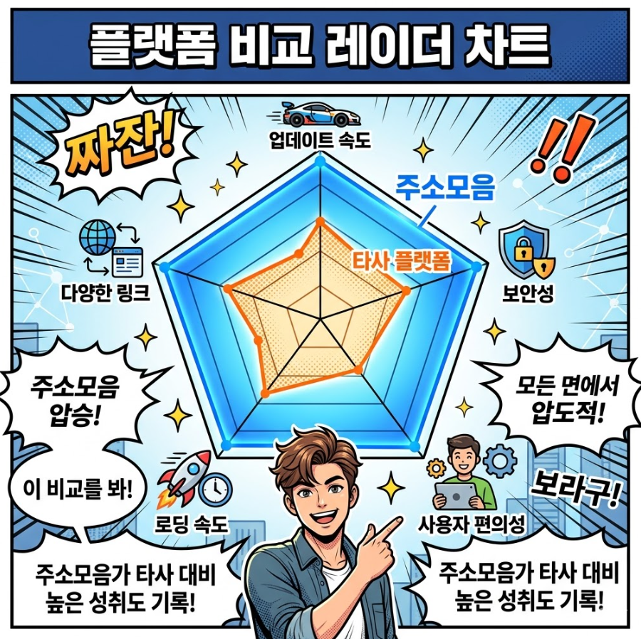 업데이트 속도, 보안성, 사용자 편의성, 로딩 속도 등 5가지 지표에서 주소모음이 타사 대비 높은 성취도를 기록하고 있음을 보여주는 차트. 업데이트 속도, 보안성, 사용자 편의성, 로딩 속도 등 5가지 지표에서 주소모음이 타사 대비 높은 성취도를 기록하고 있음을 보여주는 차트.