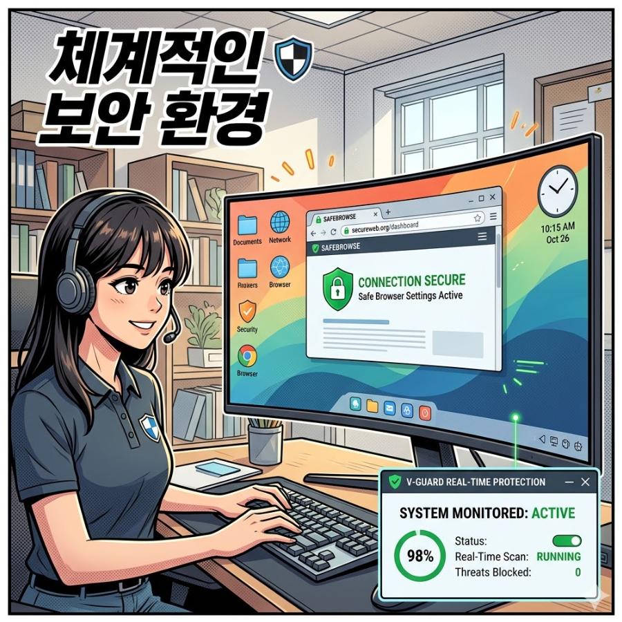 백신 프로그램이 실시간으로 시스템을 감시하고 있고, 안전한 브라우저 설정이 완료된 깔끔한 데스크탑 화면 환경 백신 프로그램이 실시간으로 시스템을 감시하고 있고, 안전한 브라우저 설정이 완료된 깔끔한 데스크탑 화면 환경