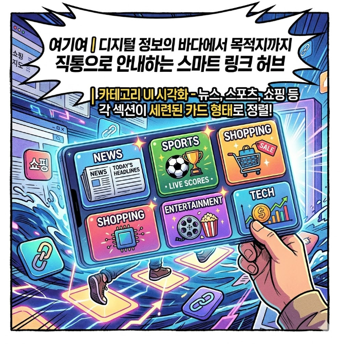 뉴스, 스포츠, 쇼핑 등 각 섹션이 세련된 카드 형태로 정렬되어 사용자의 클릭을 기다리는 여기여의 메인 대시보드 시뮬레이션 이미지