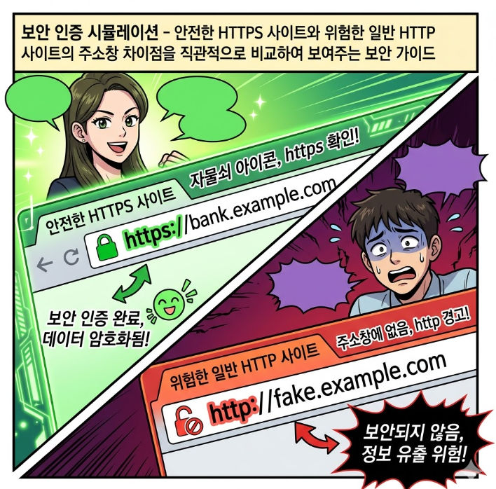 안전한 HTTPS 사이트와 위험한 일반 HTTP 사이트의 주소창 차이점을 직관적으로 비교하여 보여주는 보안 가이드 그래픽