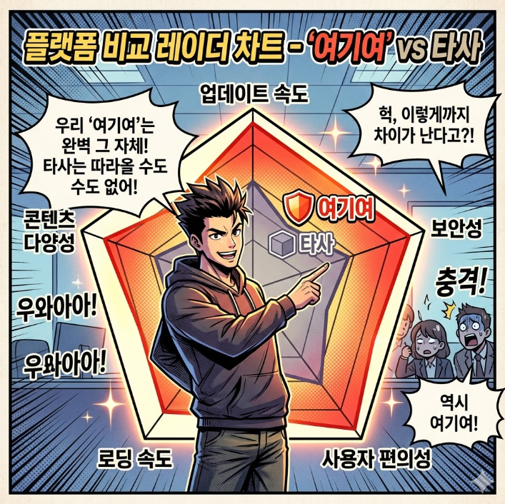 업데이트 속도, 보안성, 사용자 편의성, 로딩 속도 등 5가지 지표에서 여기여가 타사 대비 높은 성취도를 기록하고 있음을 보여주는 차트