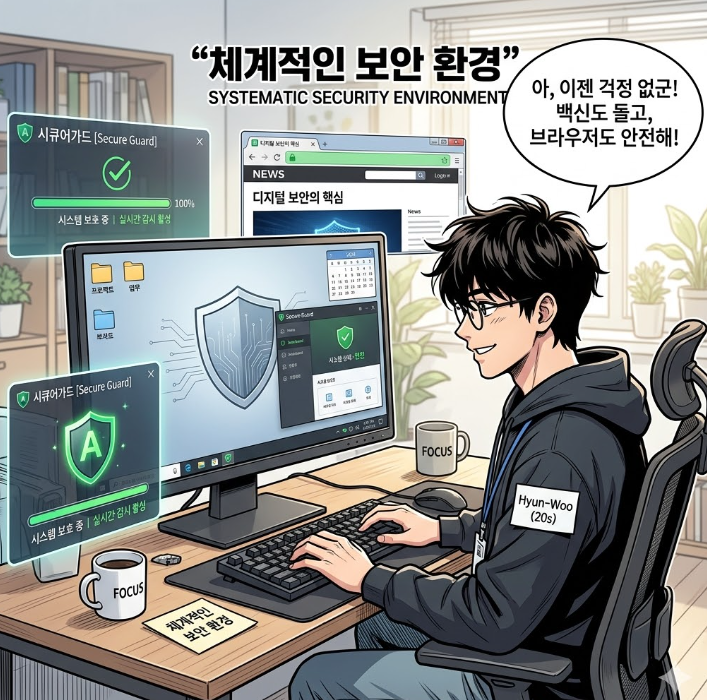 백신 프로그램이 실시간으로 시스템을 감시하고 있고, 안전한 브라우저 설정이 완료된 깔끔한 데스크탑 화면 환경