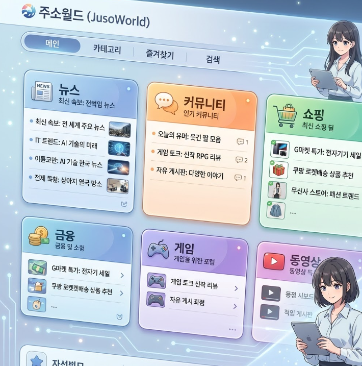 뉴스, 커뮤니티, 쇼핑 등 각 섹션이 세련된 카드 형태로 정렬된 주소월드의 메인 레이아웃 시뮬레이션 이미지 뉴스, 커뮤니티, 쇼핑 등 각 섹션이 세련된 카드 형태로 정렬된 주소월드의 메인 레이아웃 시뮬레이션 이미지