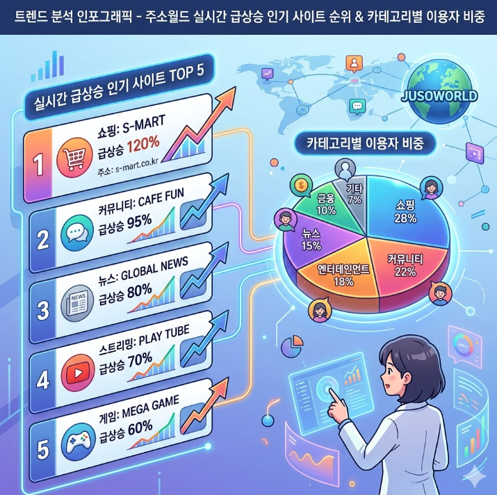 실시간으로 급상승 중인 인기 사이트 순위와 각 카테고리별 이용자 비중을 보여주는 데이터 시각화 자료 실시간으로 급상승 중인 인기 사이트 순위와 각 카테고리별 이용자 비중을 보여주는 데이터 시각화 자료