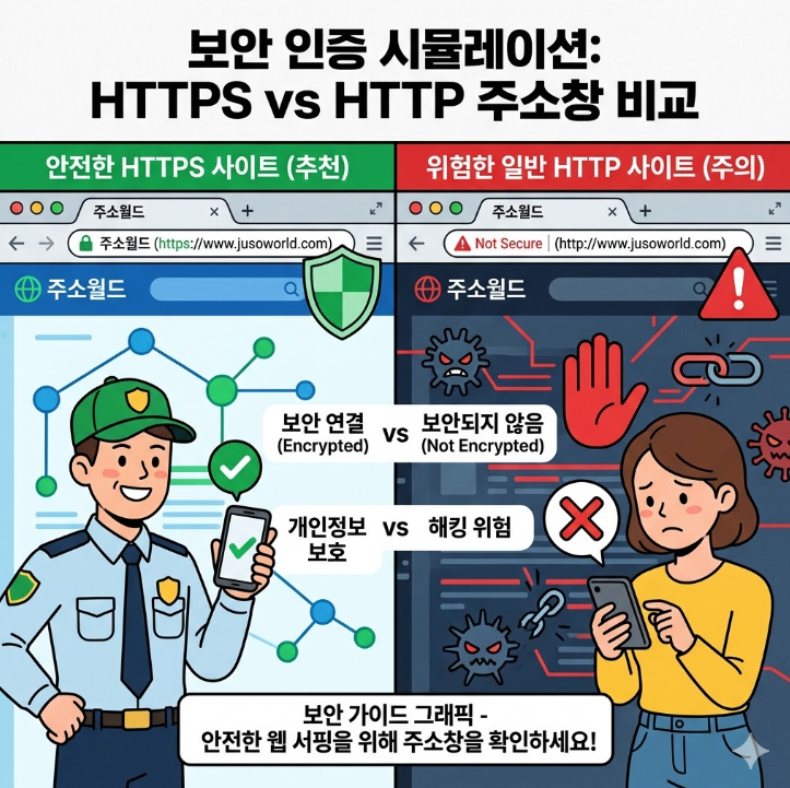 안전한 HTTPS 사이트와 위험한 일반 HTTP 사이트의 주소창 차이점을 비교하여 보여주는 보안 가이드 그래픽 안전한 HTTPS 사이트와 위험한 일반 HTTP 사이트의 주소창 차이점을 비교하여 보여주는 보안 가이드 그래픽