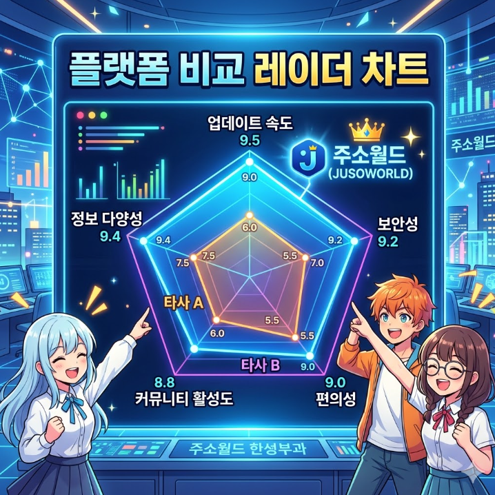 업데이트 속도, 보안성, 편의성 등 5가지 지표에서 주소월드가 타사 대비 높은 성취도를 기록하고 있음을 보여주는 차트 업데이트 속도, 보안성, 편의성 등 5가지 지표에서 주소월드가 타사 대비 높은 성취도를 기록하고 있음을 보여주는 차트