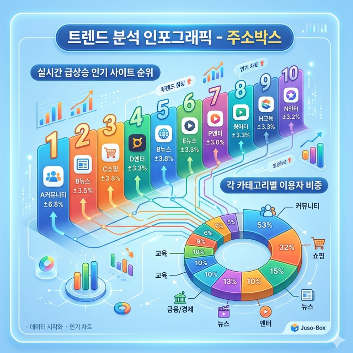 실시간 급상승 중인 인기 사이트 순위와 각 카테고리별 이용자 비중을 데이터 시각화로 구현한 화려한 차트 자료 실시간 급상승 중인 인기 사이트 순위와 각 카테고리별 이용자 비중을 데이터 시각화로 구현한 화려한 차트 자료