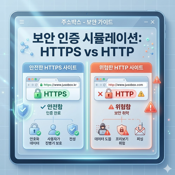 안전한 HTTPS 사이트와 위험한 일반 HTTP 사이트의 주소창 차이점을 직관적으로 비교하여 보여주는 보안 가이드 그래픽 안전한 HTTPS 사이트와 위험한 일반 HTTP 사이트의 주소창 차이점을 직관적으로 비교하여 보여주는 보안 가이드 그래픽